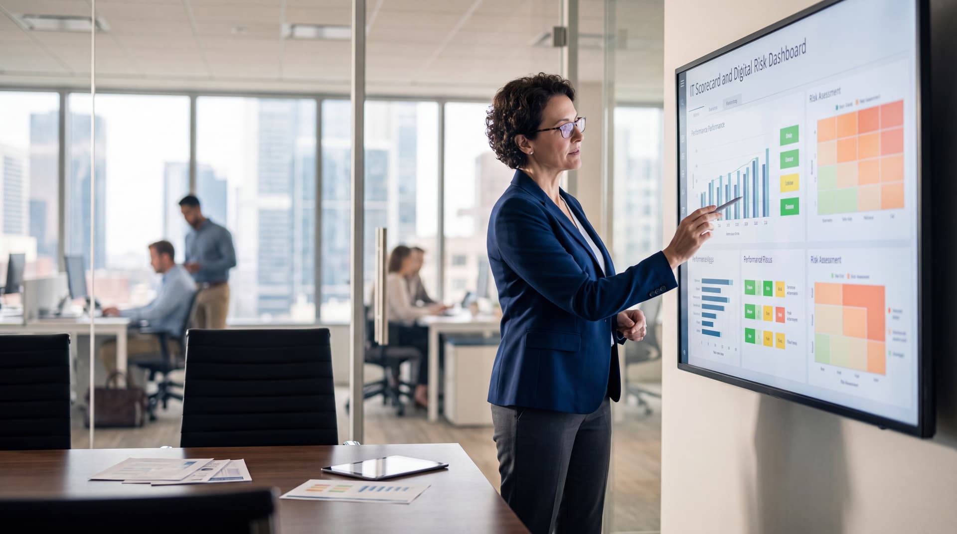 An executive analyzing an IT scorecard and risk register on a digital board room display.