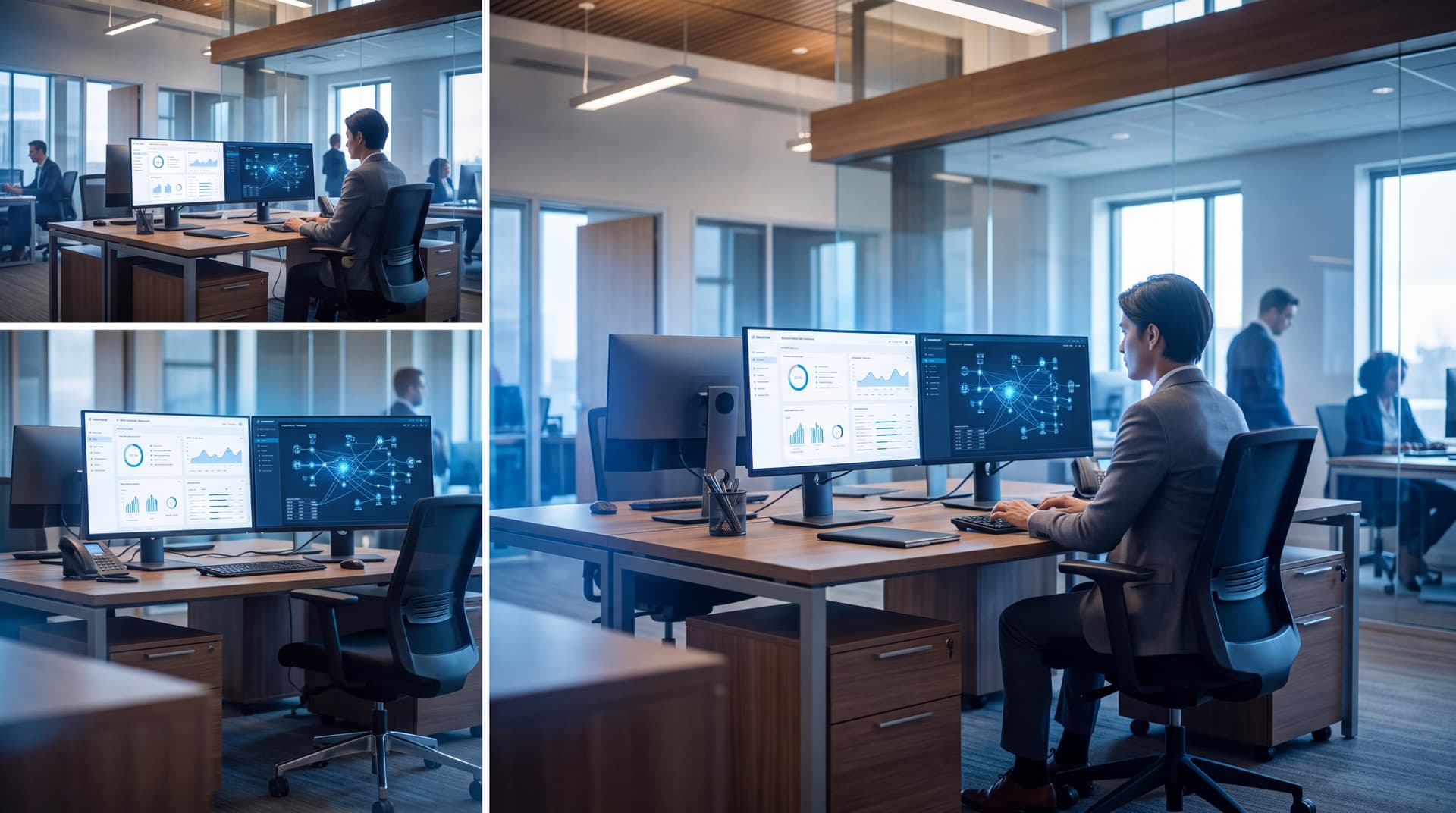 Modern financial advisory workstation displaying IT compliance dashboards and secure network analytics.