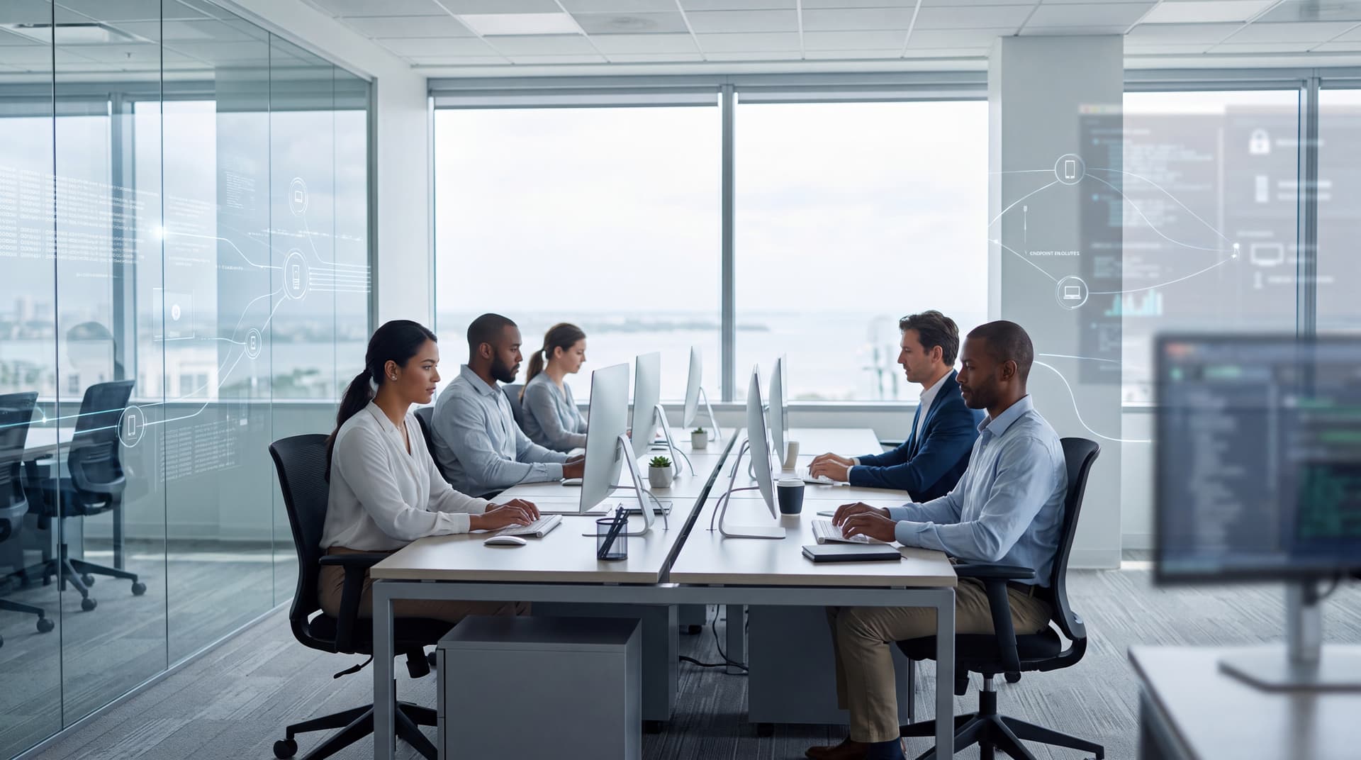 Modern office environment showing employees working smoothly at clean computer workstations.