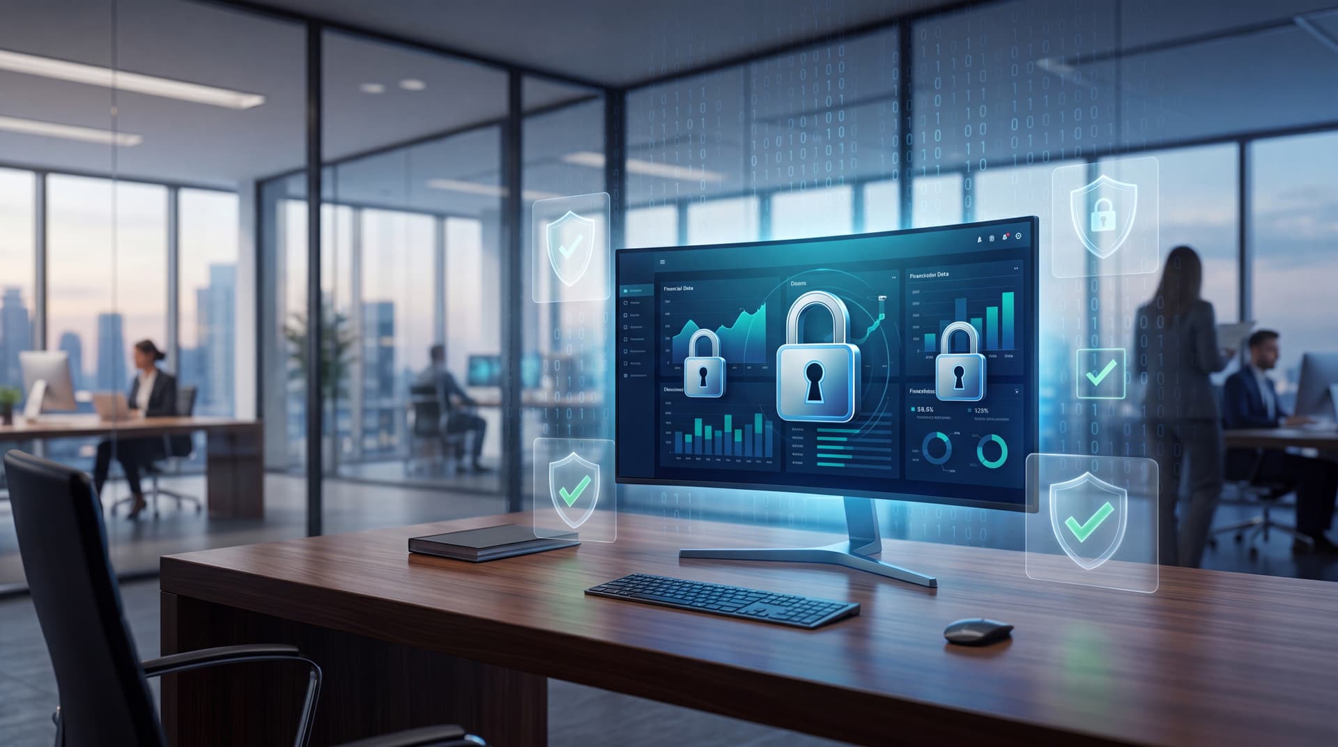 Modern financial advisory office with secure technology and compliance indicators on a computer monitor.