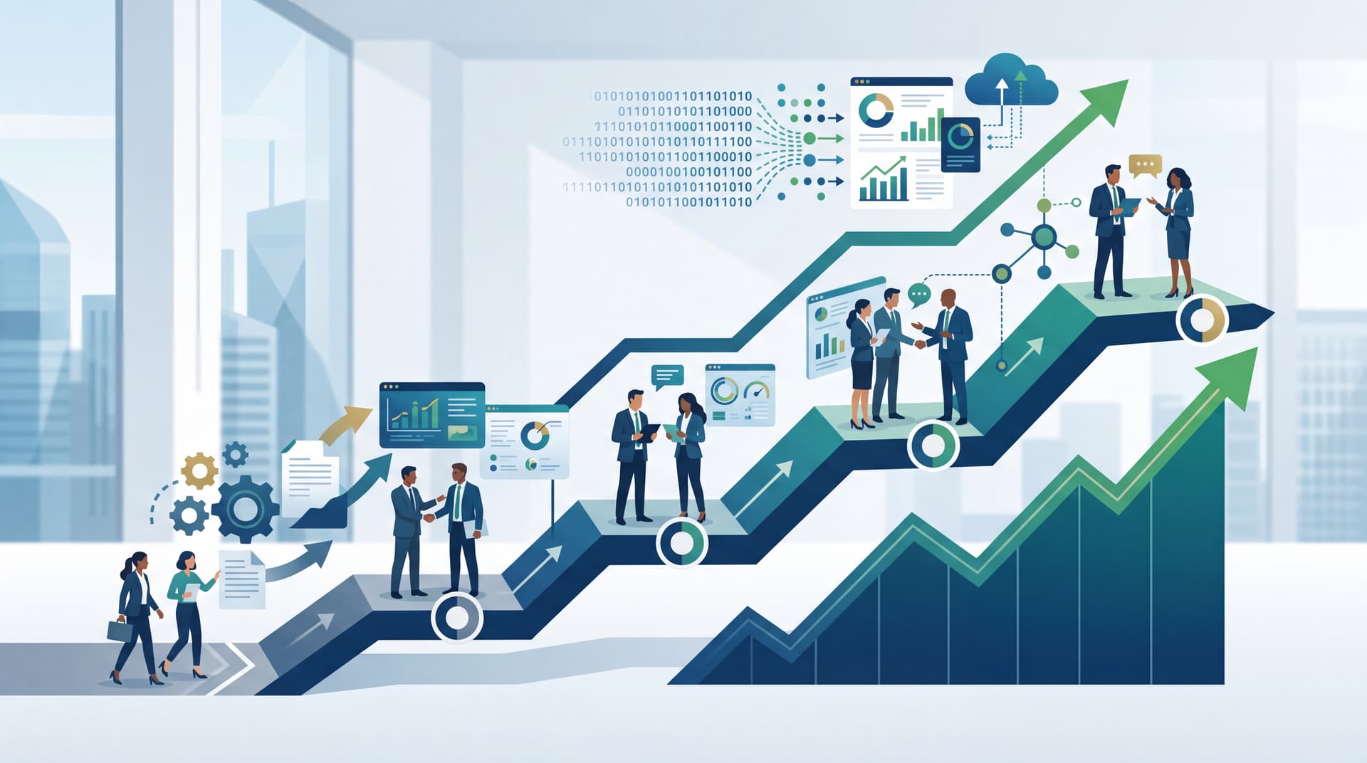 An illustration depicting a phased, step-by-step business transformation journey.