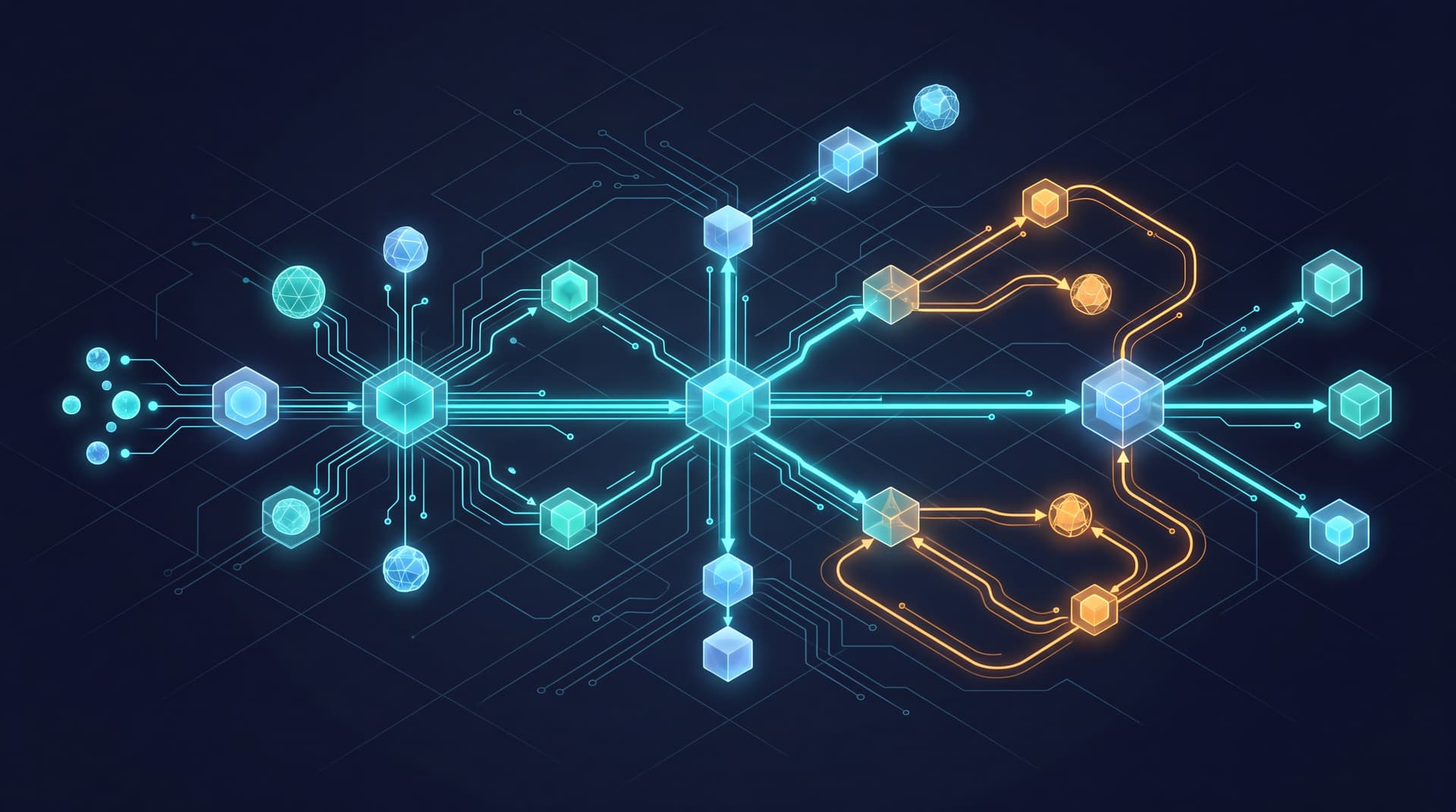 Abstract automation flow diagram showing interconnected data nodes representing robotic process automation and reliable bot workflows.