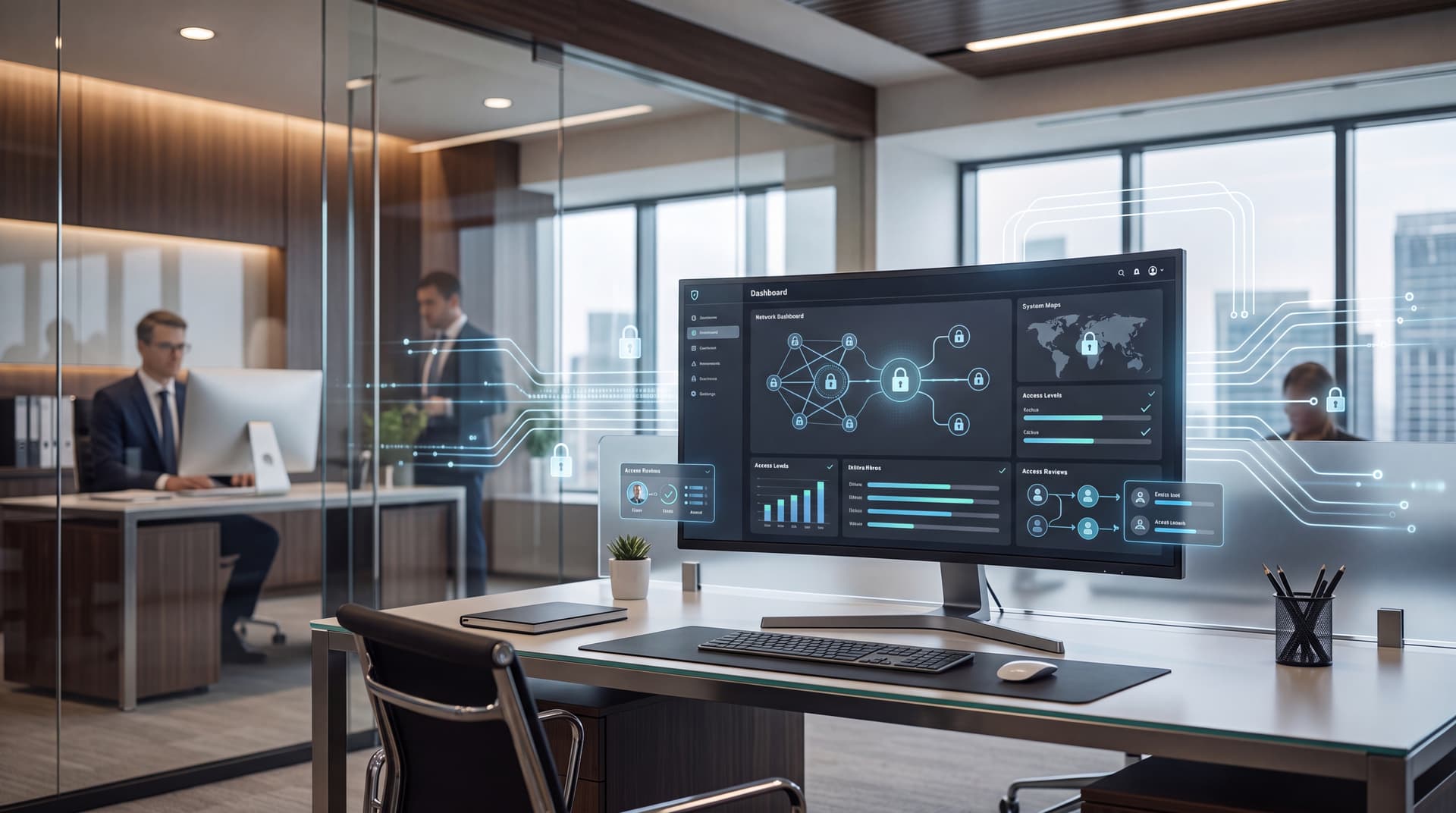Modern financial advisory office with secure technology dashboards
