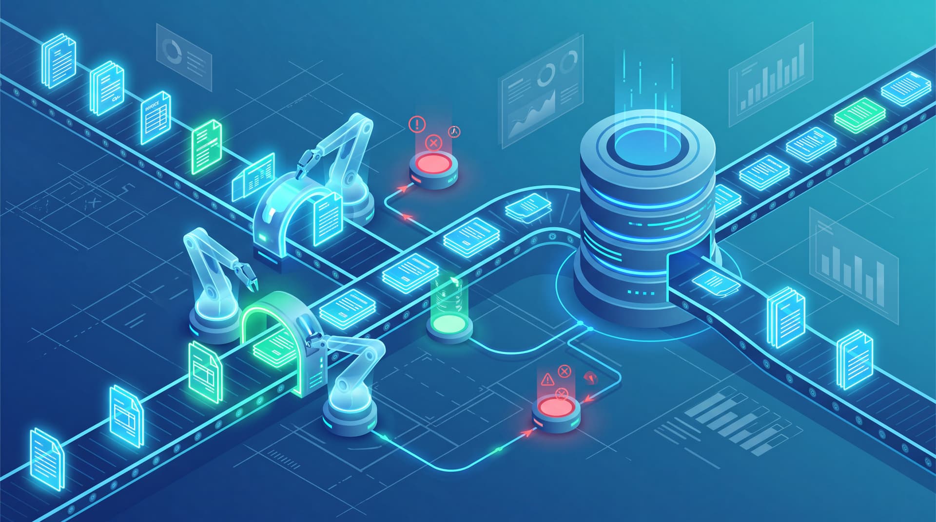 An isometric flow diagram illustrating automated data processing and robotic process automation nodes.