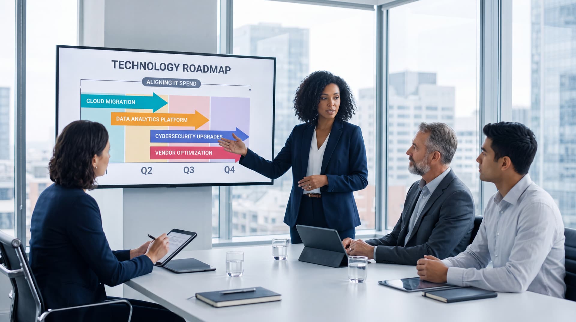 Executives discussing a strategic technology roadmap in a modern boardroom.