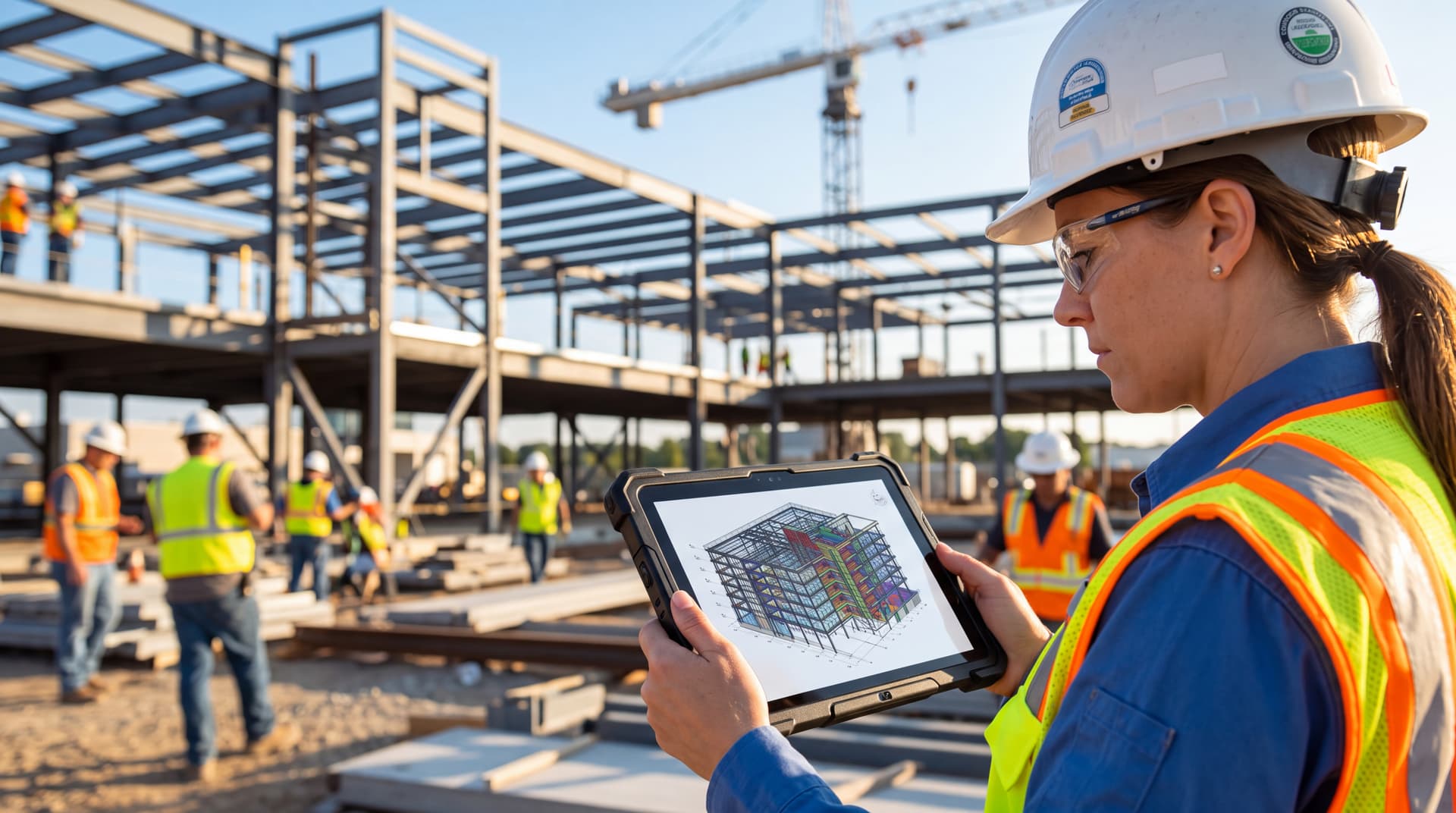 Construction supervisor on a jobsite reviewing a 3D BIM model on a rugged tablet.