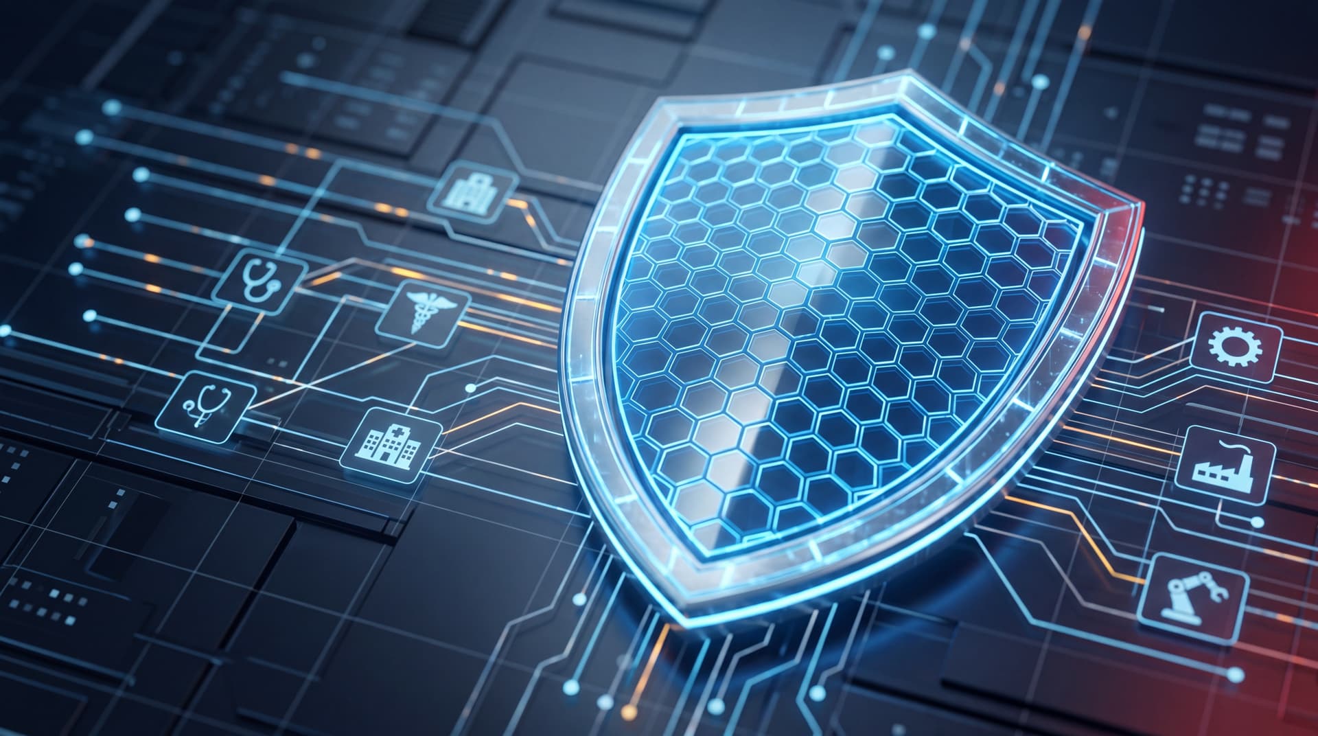 A glowing digital shield protecting a network interface with healthcare and manufacturing icons.