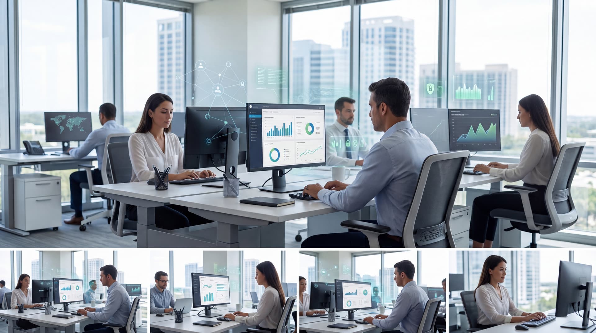 Clean editorial photo of a modern SMB office with streamlined workstations and technology overlays.