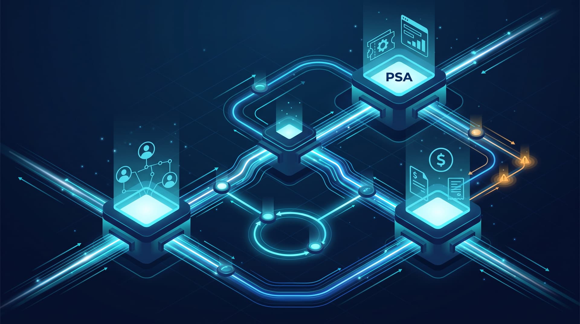 Diagram representing cross-system workflow automation connecting CRM, PSA, and billing systems via robust API pipelines.