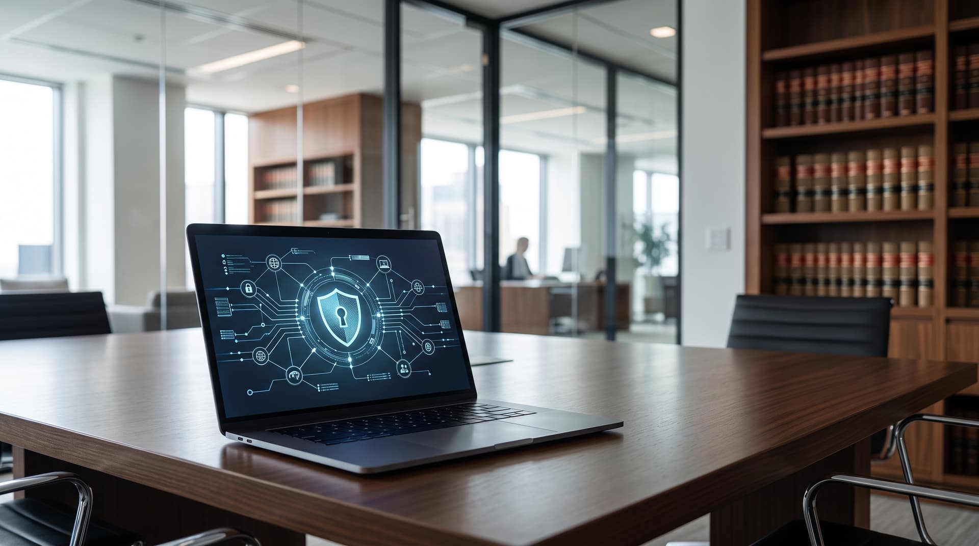 Modern law office desk with a laptop showing cybersecurity protection icons and network data structure