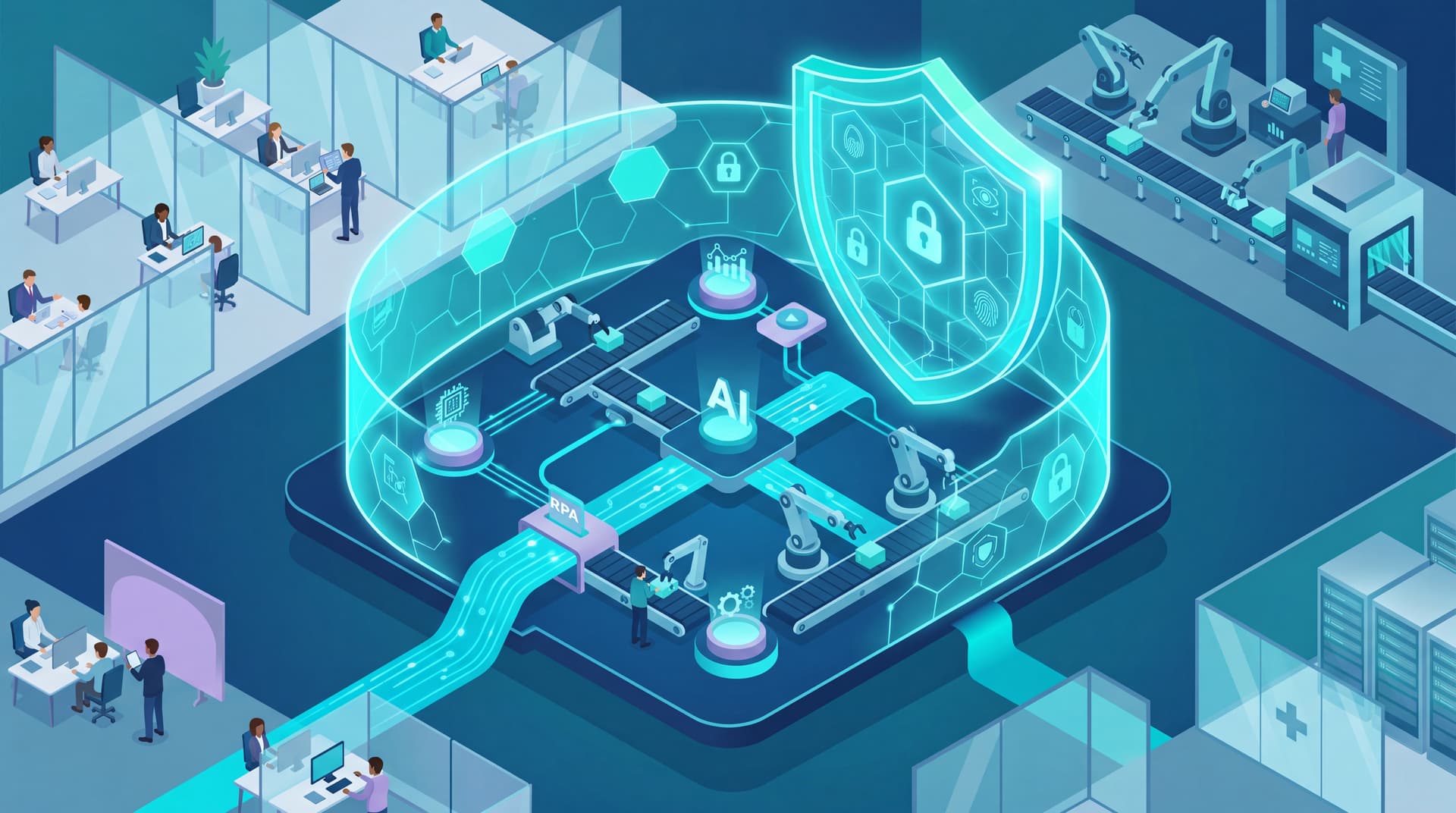 Conceptual illustration of AI networks protected by a secure digital shield.