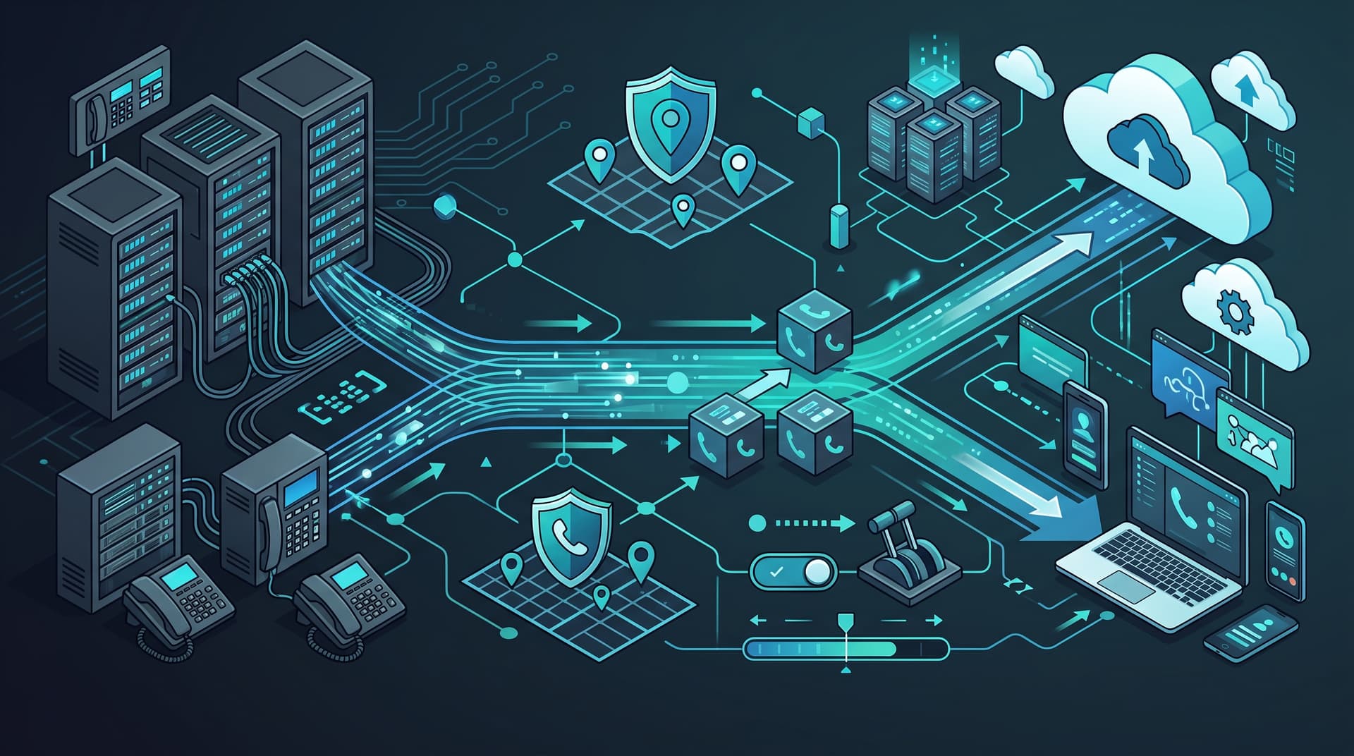 Illustration showing a hybrid communications network connecting on-premises servers and cloud voice systems.