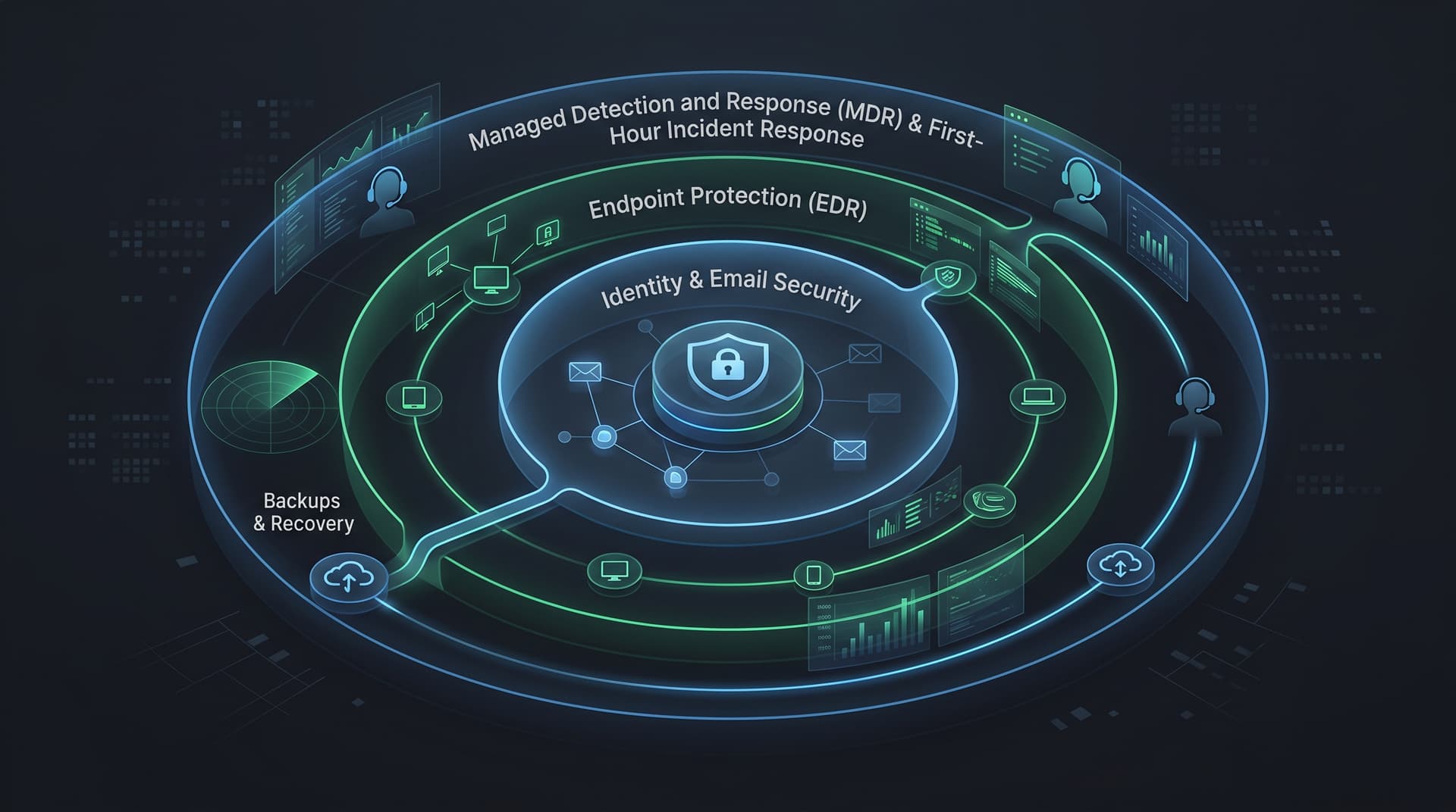 A digital abstract security dashboard featuring layered network nodes and real-time threat monitoring metrics.