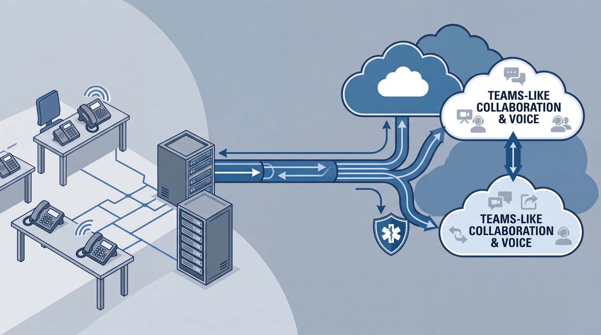 Diagram illustrating a hybrid voice network connecting on-premise hardware to cloud communication platforms.