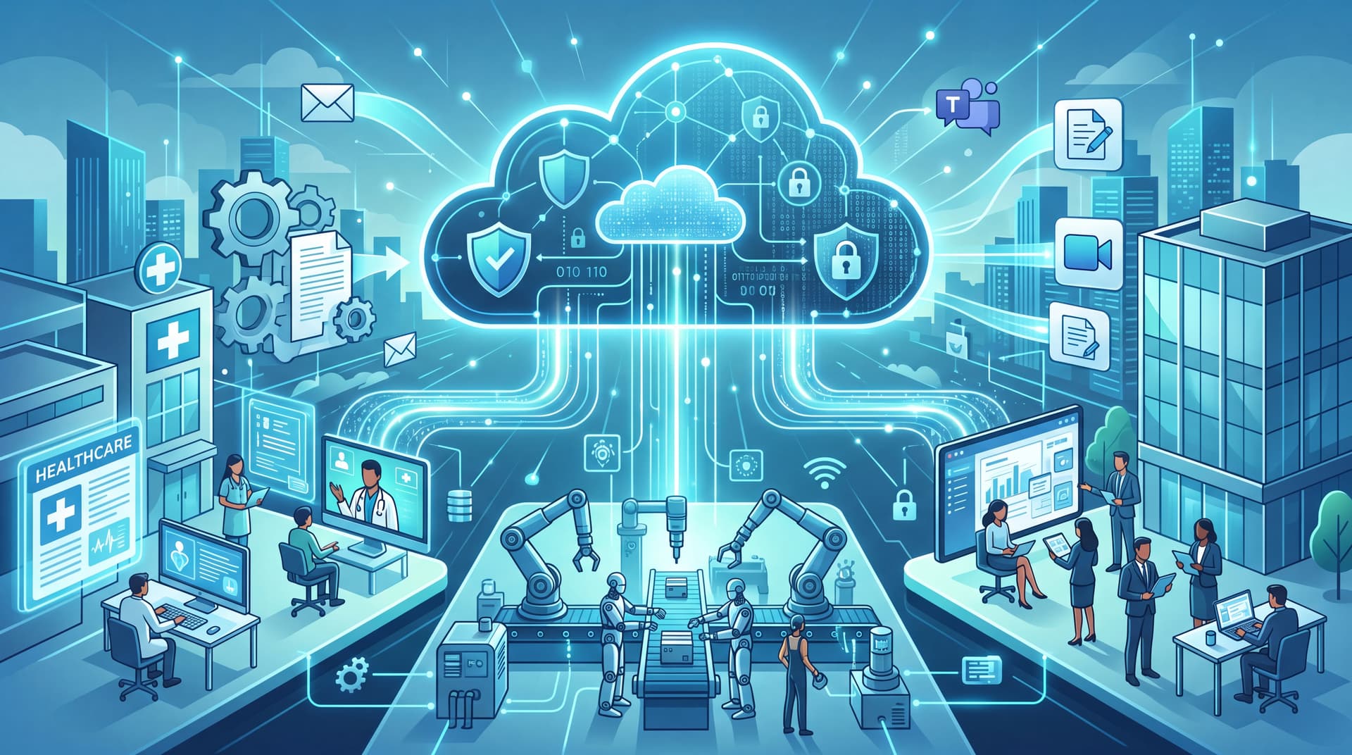 Digital network connecting healthcare, manufacturing, and office environments.