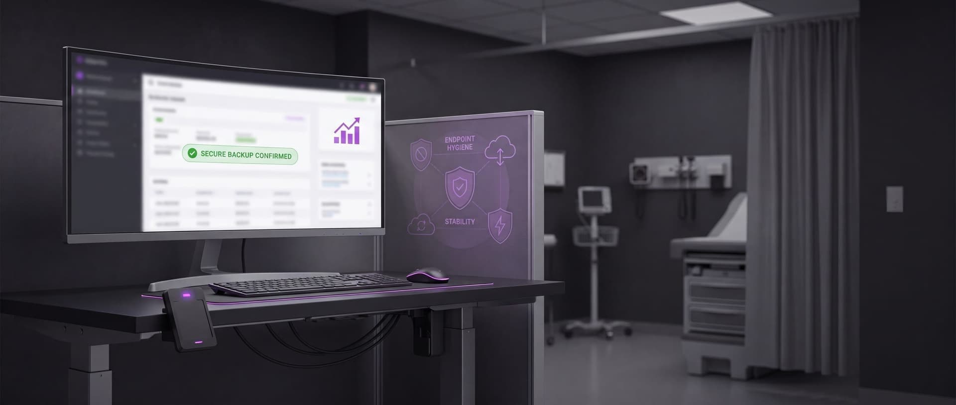Clinical workstation dashboard showing a confirmed secure backup and endpoint hygiene status in an exam room