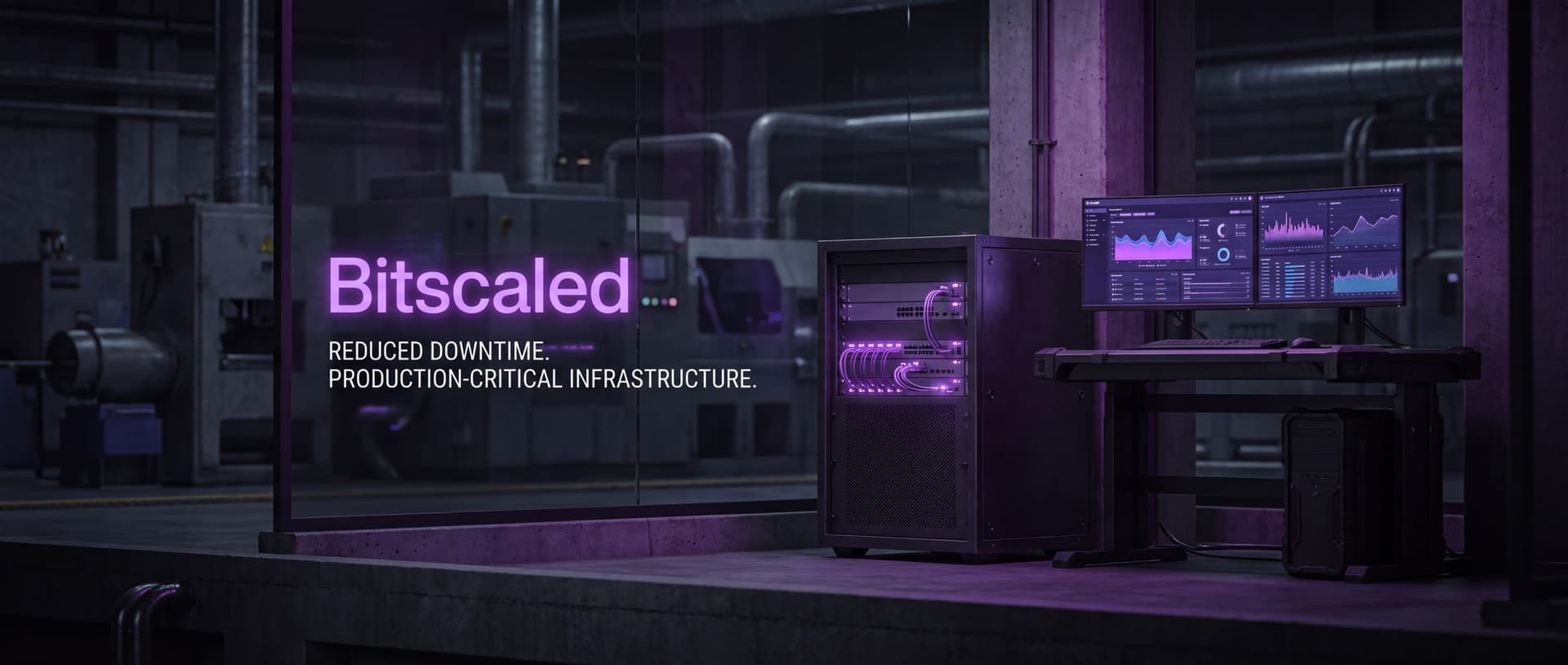 Server rack and production dashboards on a factory floor, branded Bitscaled and captioned "Reduced downtime. Production-critical infrastructure."