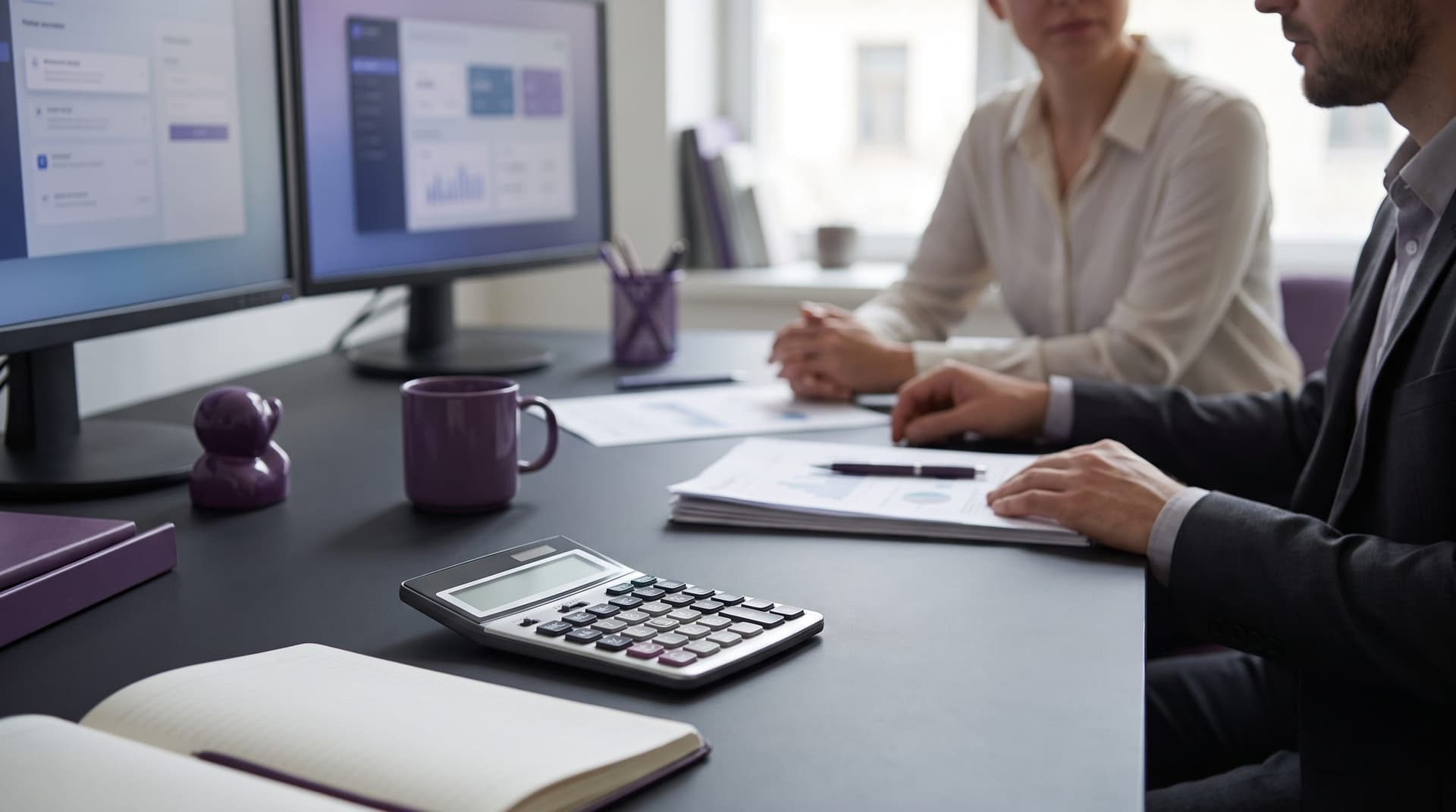 Two colleagues discussing printed reports beside a calculator and dual monitors at an office desk