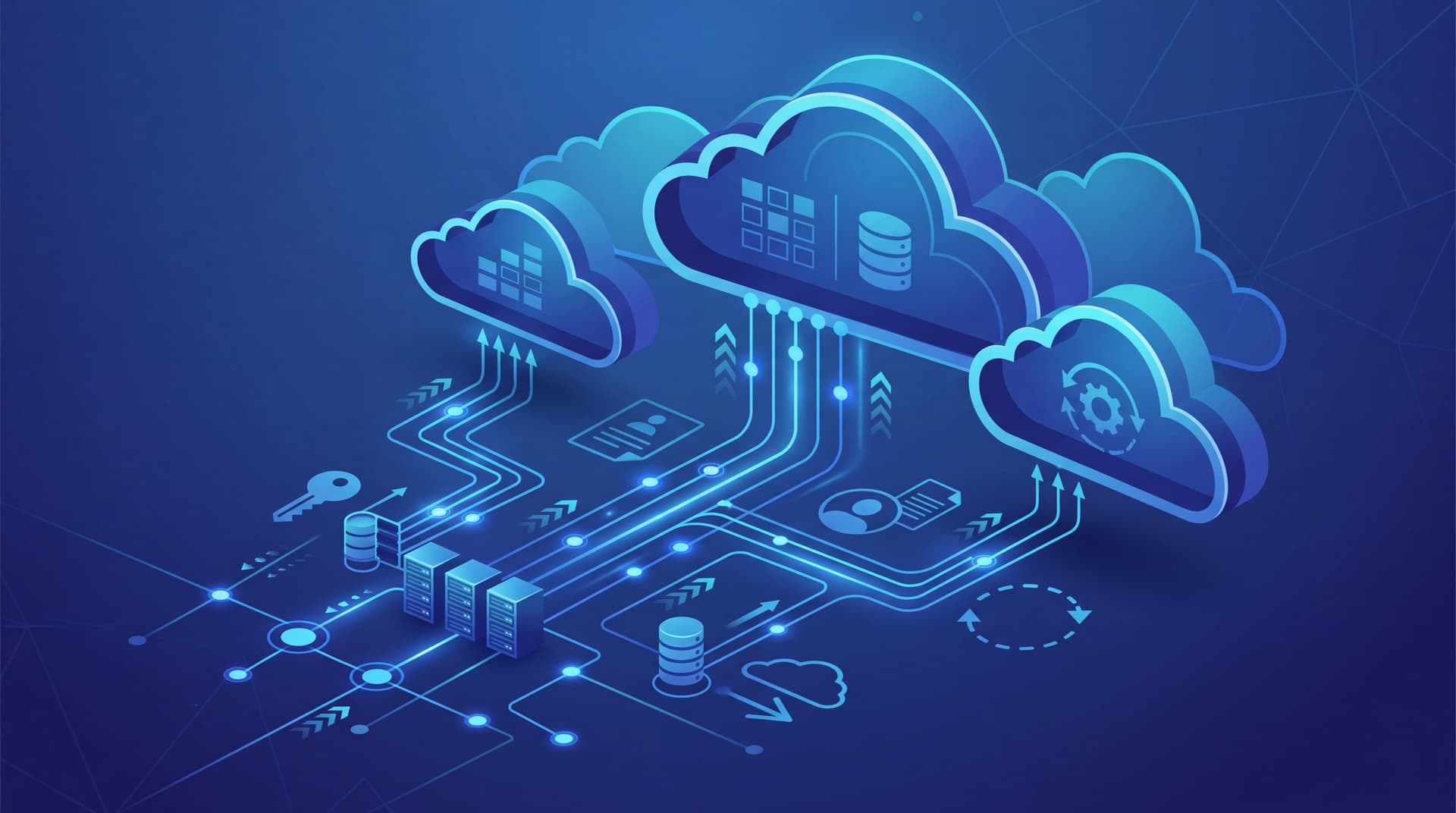 Abstract cloud connectivity diagram showing network nodes and hybrid cloud architecture in blue tones.